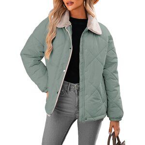 Women's Smoke Green Puffer Jackets Coats Long Sleeve Winter Button Outerwear